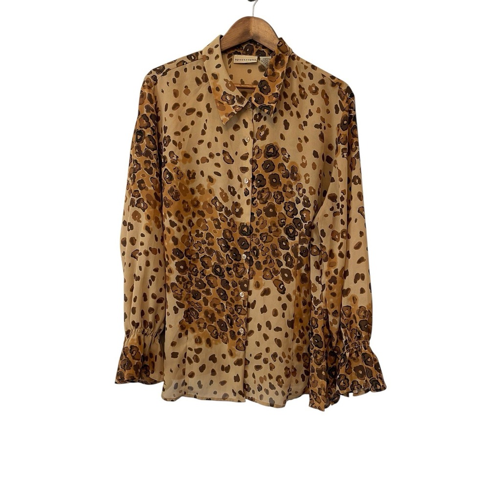 Women's‎ Leopard Print Button up Vintage Top Dramatic Ruffle Sleeve Mob Wife 24W